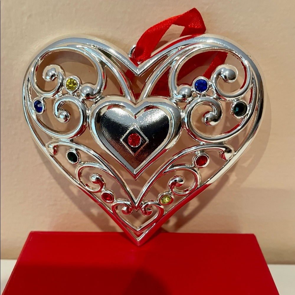 Lenox Sparkle And Scroll Multi-Crystal Heart Silverplate Ornament